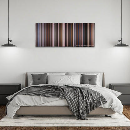 An Education color palette canvas above a bed, between two black pendant lamps
