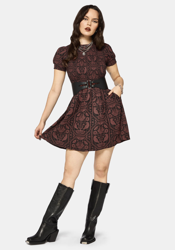 Annabel Inverted Raven Print Shirred Mini Dress