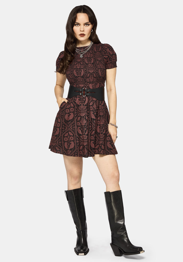 Annabel Inverted Raven Print Shirred Mini Dress