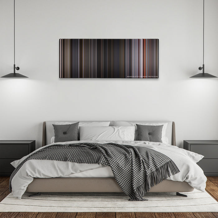 Ant-Man and the Wasp color palette canvas above a bed, between two black pendant lamps