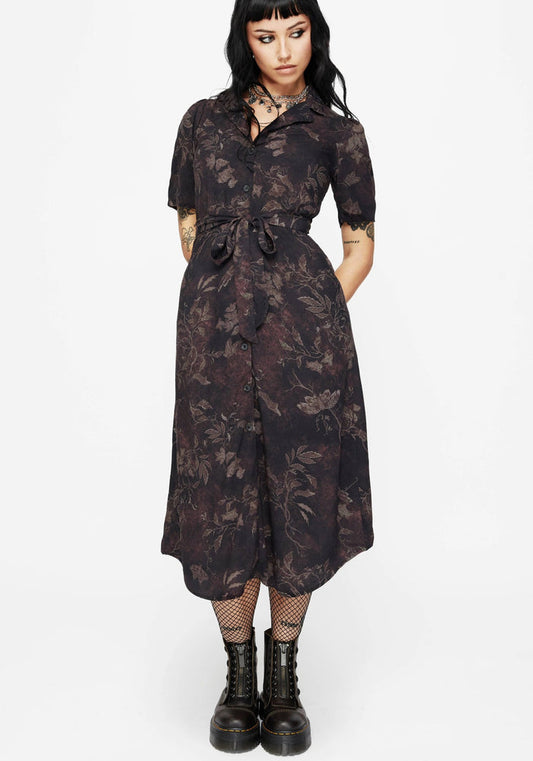 Ashmire Woodland Moth Print Midi Belted Shirt Dress