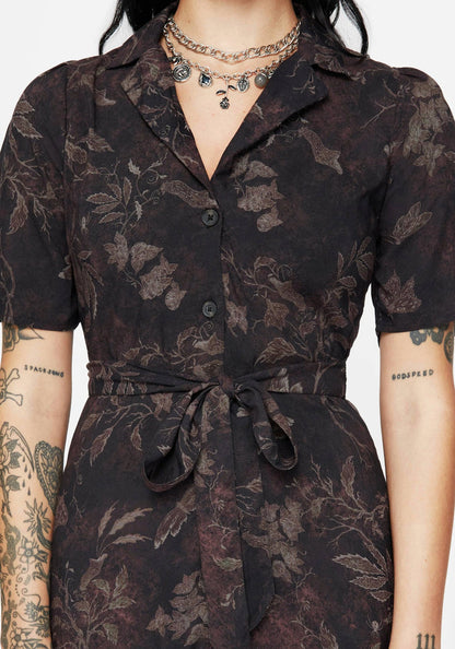 Ashmire Woodland Moth Print Midi Belted Shirt Dress