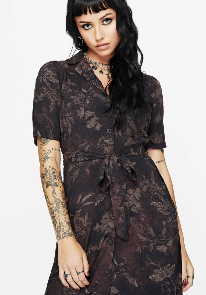 Ashmire Woodland Moth Print Midi Belted Shirt Dress