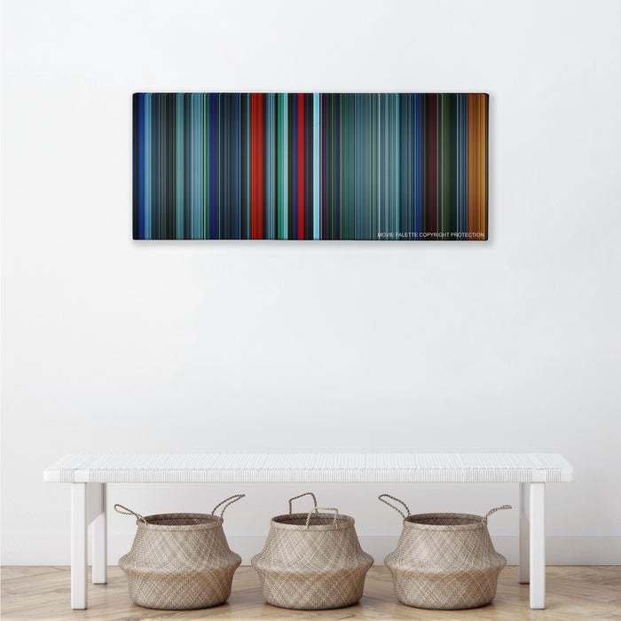 Atomic Blonde color palette canvas above a white bench with three woven baskets
