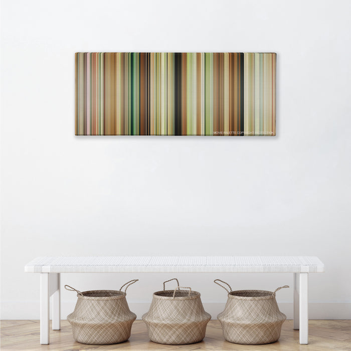 Austenland color palette canvas above a white bench with three woven baskets