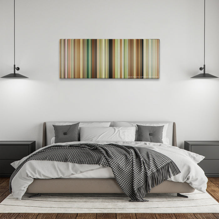 Austenland color palette canvas above a bed, between two black pendant lamps