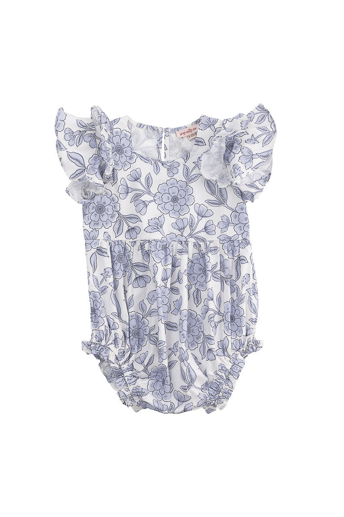 The Baby Hattie Romper in Blue Floral by Ivy City Co is a white cotton romper for babies, featuring short ruffled sleeves, a delightful blue floral pattern, a gathered waist, and elastic leg openings for extra comfort.