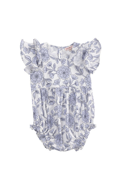 The Baby Hattie Romper in Blue Floral by Ivy City Co is a white cotton romper for babies, featuring short ruffled sleeves, a delightful blue floral pattern, a gathered waist, and elastic leg openings for extra comfort.