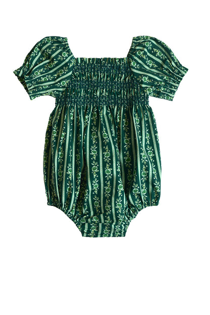 The Ivy City Co Baby Sunday Best Romper in Pine Felicity Floral features short puff sleeves, a smocked bodice, and vertical pine floral stripes in a bubble silhouette, shown against a white background.