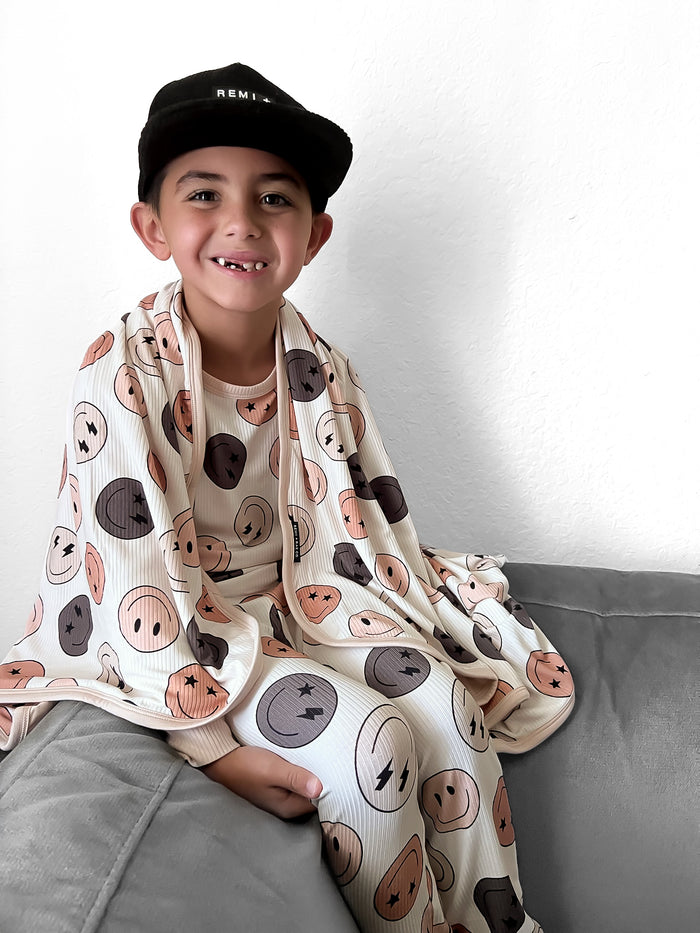 BAMBOO RIBBED 2 PIECE PAJAMA SET - SMILEYS