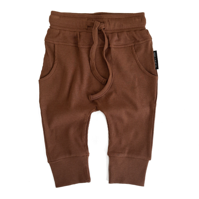 Brown baby pants with drawstring on a white background
