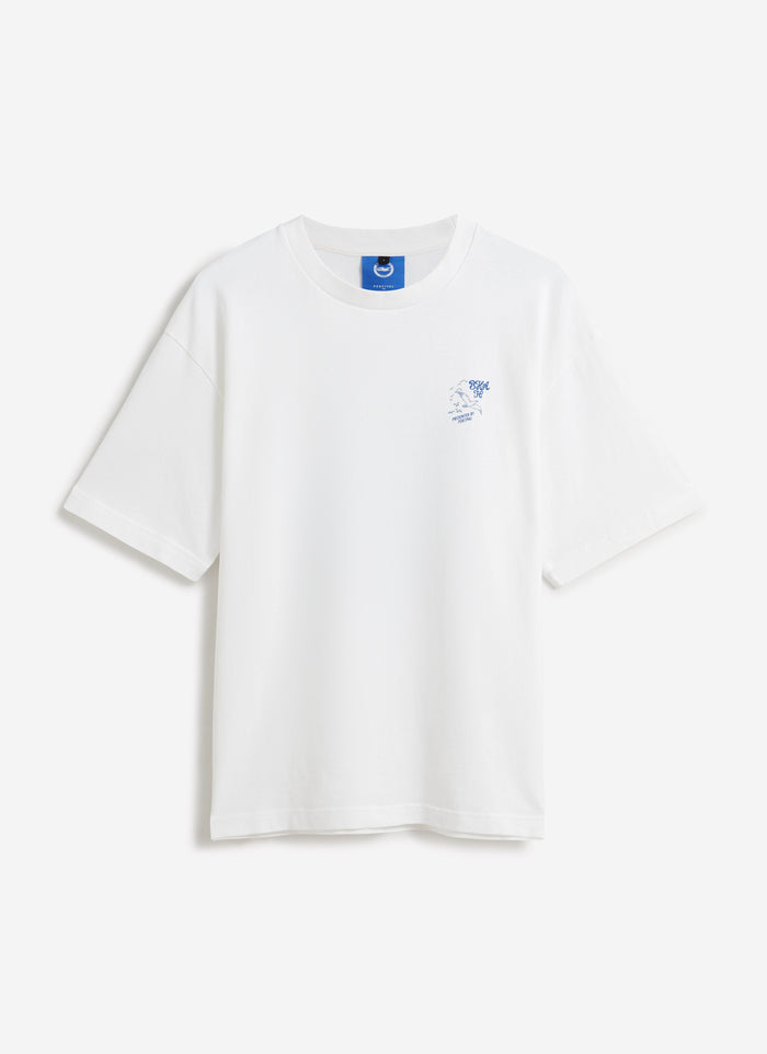 Front view of the white Brighton & Hove Albion F.C. x Percival Beach Front T-shirt, featuring a blue chest graphic.