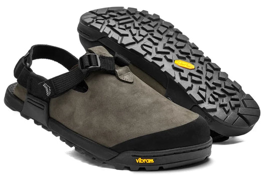 Bedrock Mountain Clog in Driftwood Gray nubuck leather, paired front angle and Vibram outsole view
