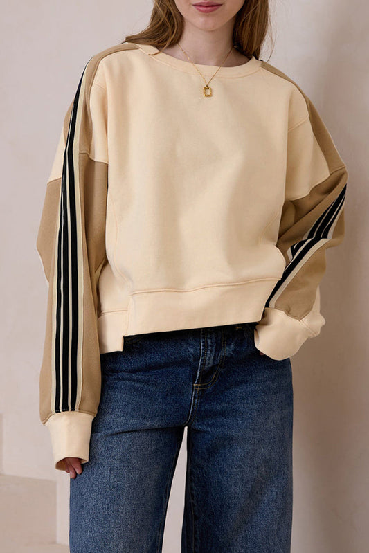 Beige Contrast Striped Patchwork Drop Shoulder Loose Sweatshirt - BEIGE / S / 50% POLYESTER + 50% COTTON