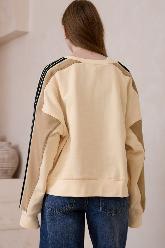 Beige Contrast Striped Patchwork Drop Shoulder Loose Sweatshirt - Tops/Sweatshirts & Hoodies