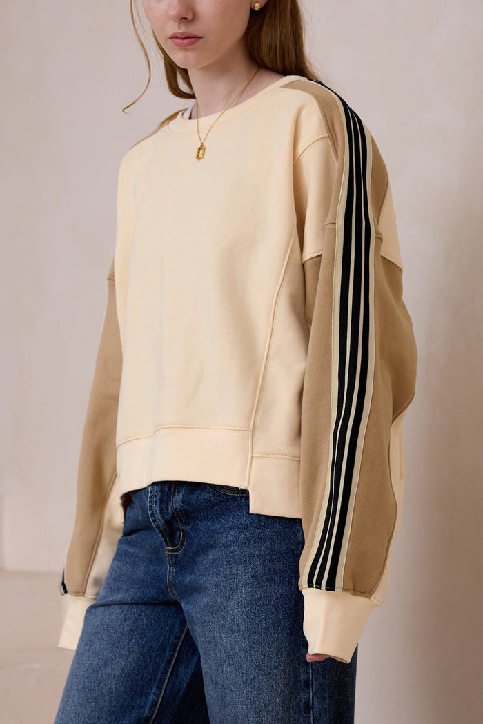 Beige Contrast Striped Patchwork Drop Shoulder Loose Sweatshirt - Tops/Sweatshirts & Hoodies