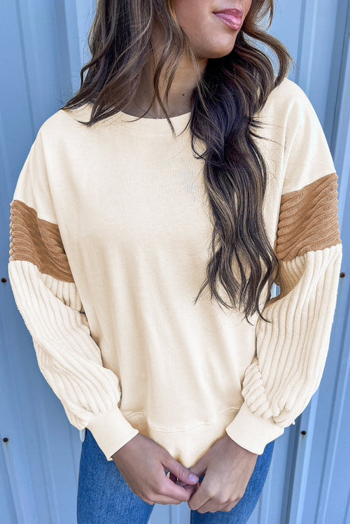Beige Corduroy Patchwork Drop Shoulder Long Sleeve Sweatshirt - APRICOT / S / 50% POLYESTER + 50% COTTON