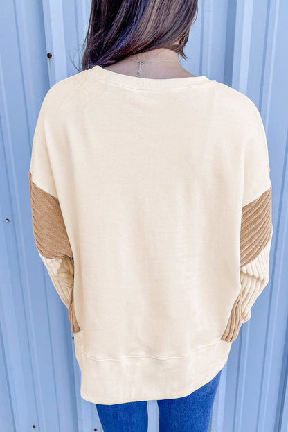 Beige Corduroy Patchwork Drop Shoulder Long Sleeve Sweatshirt - Tops/Sweatshirts & Hoodies