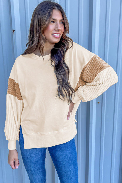 Beige Corduroy Patchwork Drop Shoulder Long Sleeve Sweatshirt - Tops/Sweatshirts & Hoodies