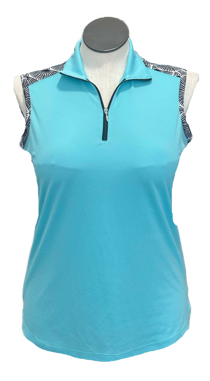 Bermuda Sands Aqua & Geometric Floral Fan Print Sleeveless Top MSP $80