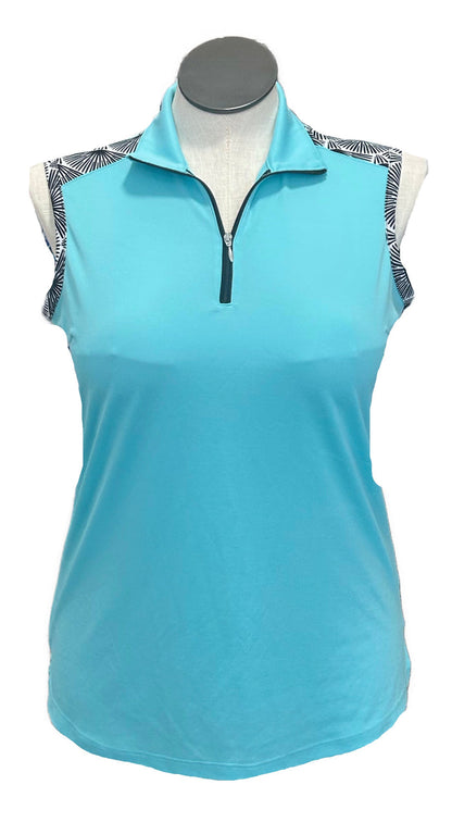 Bermuda Sands Aqua & Geometric Floral Fan Print Sleeveless Top MSP $80