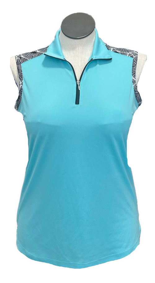 Bermuda Sands Aqua & Geometric Floral Fan Print Sleeveless Top MSP $80
