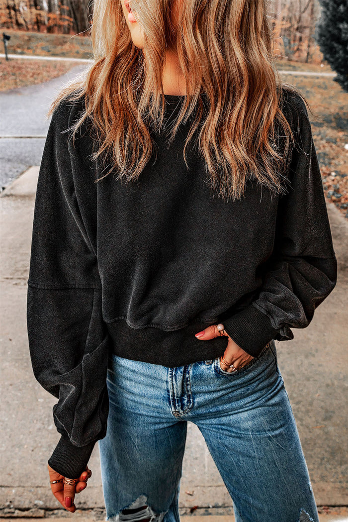 Black Acid Wash V-shape Open Back Sweatshirt - Tops/Sweatshirts & Hoodies