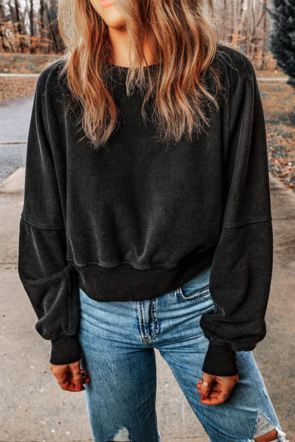 Black Acid Wash V-shape Open Back Sweatshirt - Tops/Sweatshirts & Hoodies