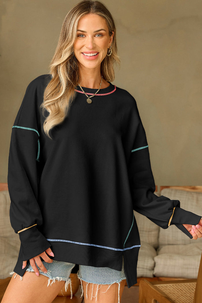 Black Contrast Stitching Split Baggy Sweatshirt - BLACK / S / 50% POLYESTER + 50% COTTON - Tops/Sweatshirts & Hoodies