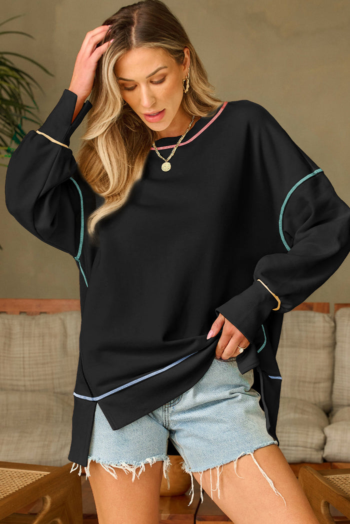 Black Contrast Stitching Split Baggy Sweatshirt - Tops/Sweatshirts & Hoodies
