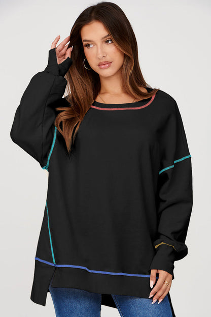 Black Contrast Stitching Split Baggy Sweatshirt - Tops/Sweatshirts & Hoodies