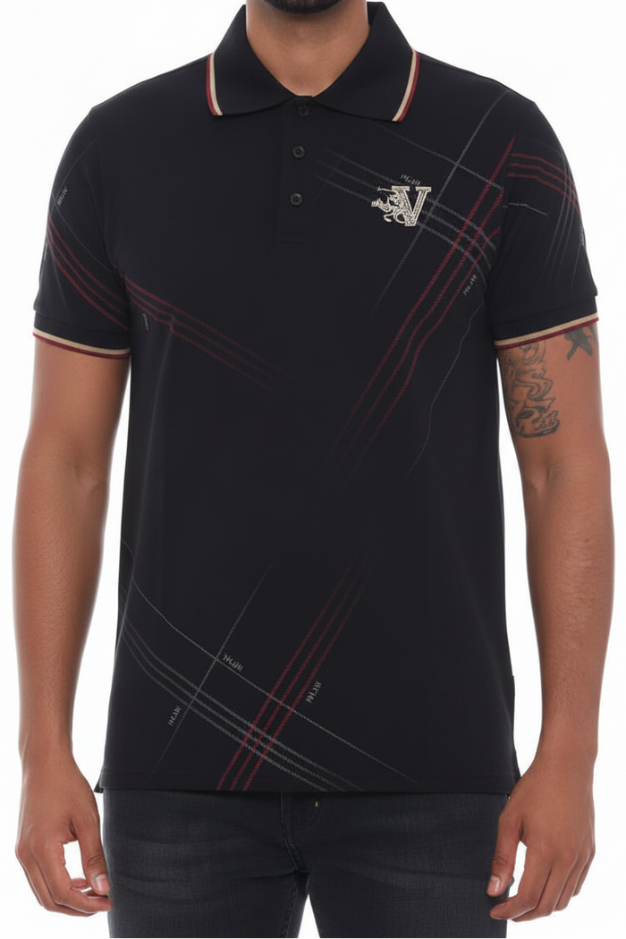 Black Print Polo Button Down Shirt Cotton Blend