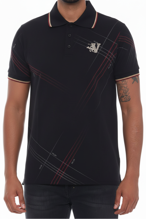 Black Print Polo Button Down Shirt Cotton Blend