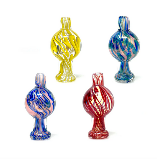 Black Sheep Glass Dichro Airflow Bubble Cap in assorted colors - yellow, blue, red, and pink/teal
