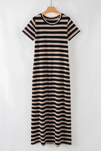 Black Stripe Casual Round Neck T-shirt Maxi Dress with Pockets - Dresses/T Shirt Dresses