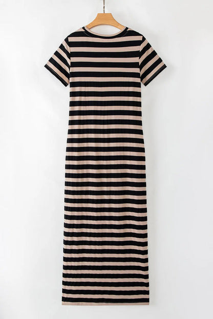 Black Stripe Casual Round Neck T-shirt Maxi Dress with Pockets - Dresses/T Shirt Dresses