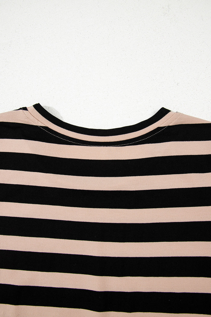 Black Stripe Casual Round Neck T-shirt Maxi Dress with Pockets - Dresses/T Shirt Dresses