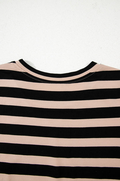 Black Stripe Casual Round Neck T-shirt Maxi Dress with Pockets - Dresses/T Shirt Dresses