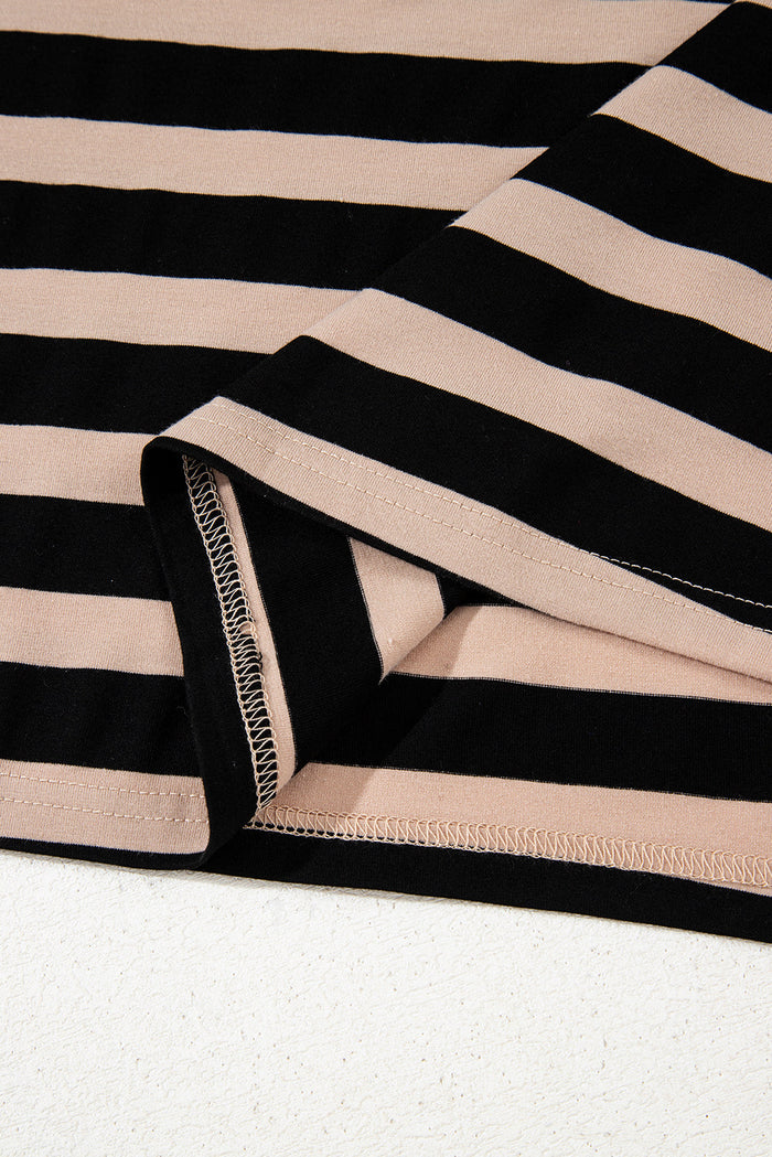 Black Stripe Casual Round Neck T-shirt Maxi Dress with Pockets - Dresses/T Shirt Dresses