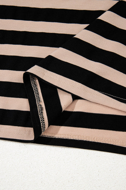 Black Stripe Casual Round Neck T-shirt Maxi Dress with Pockets - Dresses/T Shirt Dresses