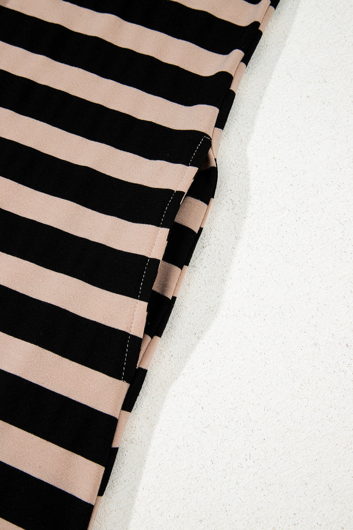 Black Stripe Casual Round Neck T-shirt Maxi Dress with Pockets - Dresses/T Shirt Dresses