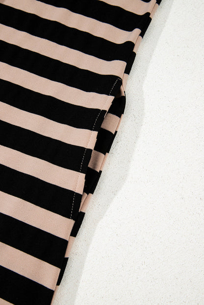Black Stripe Casual Round Neck T-shirt Maxi Dress with Pockets - Dresses/T Shirt Dresses