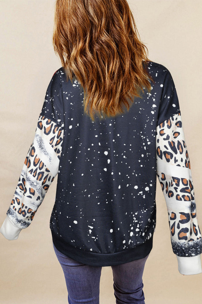 Black Tie Dye Leopard Drop Shoulder Sweatshirt - Tops/Sweatshirts & Hoodies