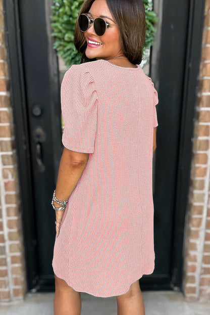 Blossom Ribbed Knit Crew Neck Puff Sleeve Shift Mini Dress - Dresses/T Shirt Dresses