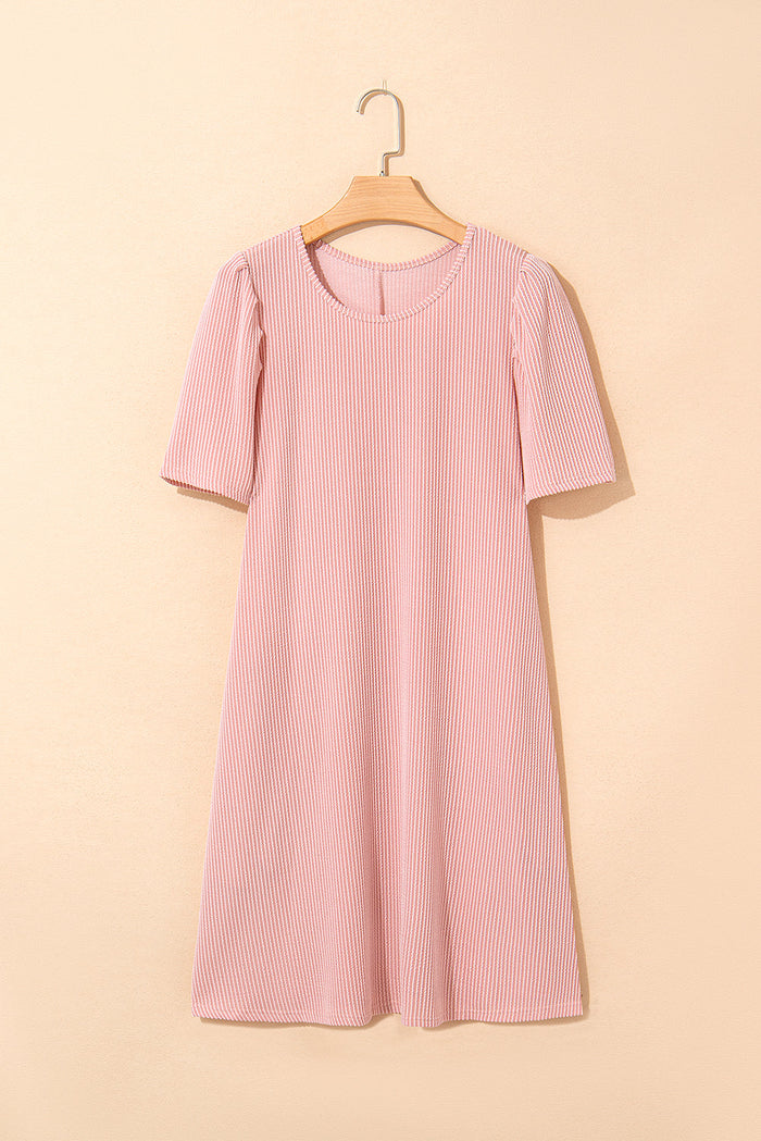 Blossom Ribbed Knit Crew Neck Puff Sleeve Shift Mini Dress - Dresses/T Shirt Dresses