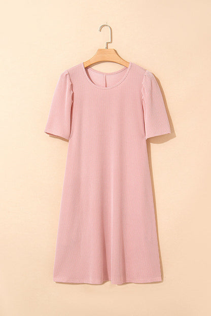 Blossom Ribbed Knit Crew Neck Puff Sleeve Shift Mini Dress - Dresses/T Shirt Dresses