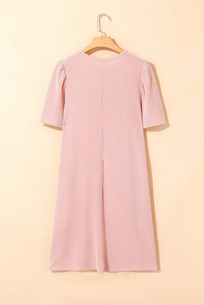 Blossom Ribbed Knit Crew Neck Puff Sleeve Shift Mini Dress - Dresses/T Shirt Dresses