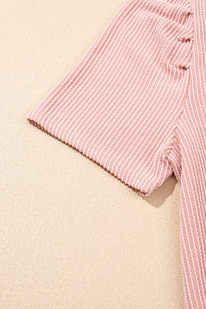 Blossom Ribbed Knit Crew Neck Puff Sleeve Shift Mini Dress - Dresses/T Shirt Dresses