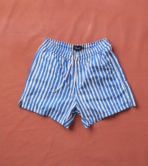 Blue Stripe Print Nylon Drawstring Swim Shorts