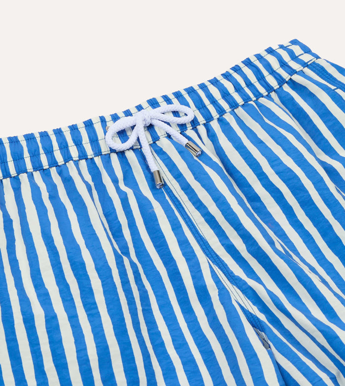 Blue Stripe Print Nylon Drawstring Swim Shorts